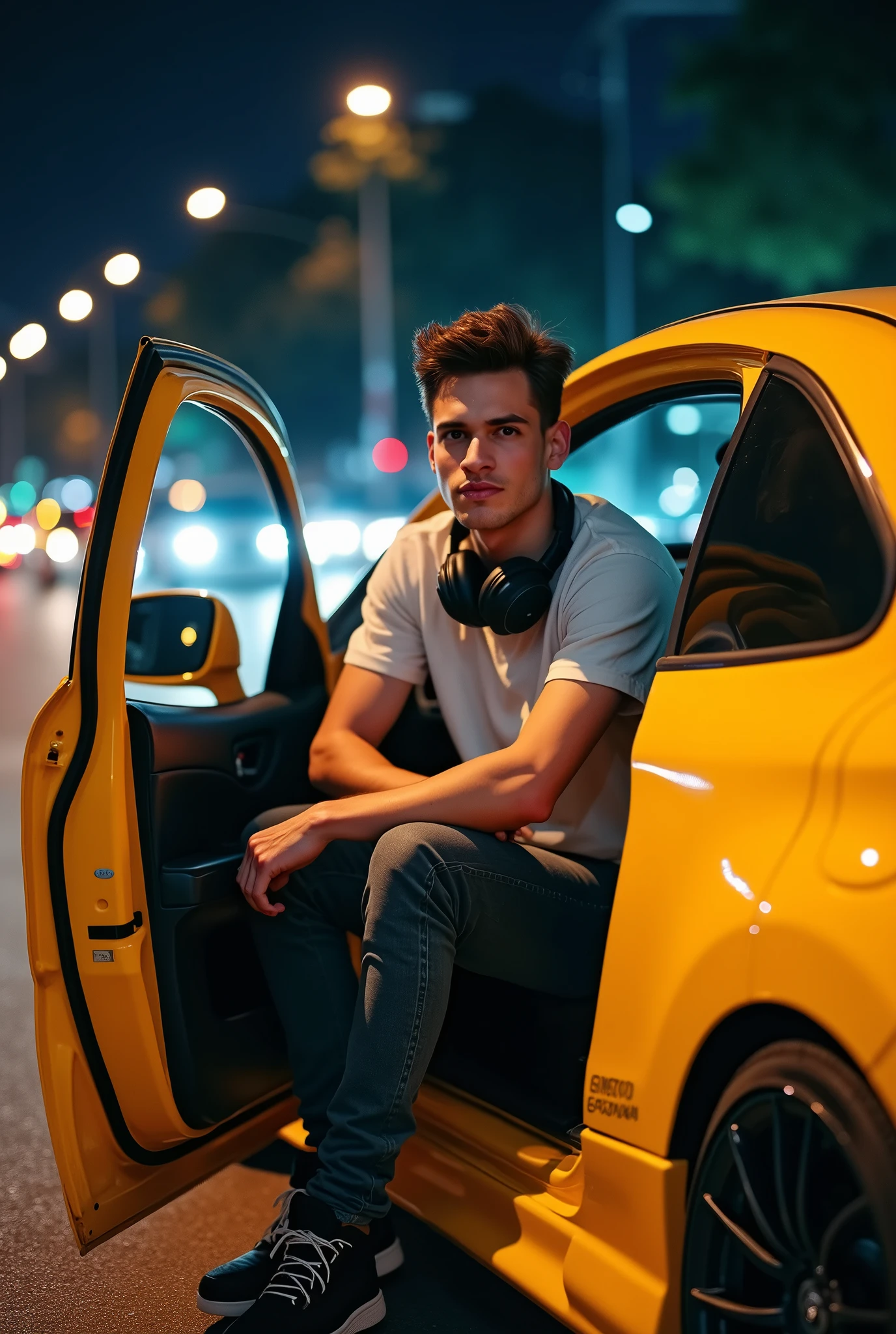 (photorealism:1.2), handsome youngman, t-shirts and tight scars jeans, sits in driver seat with doors open holding the steers on his modified civic ferio (glossy yellow), smokes streets, the traffic lights and marks, low angle camera shots, headphones, black nike sneakers, car lights in the streets at nights