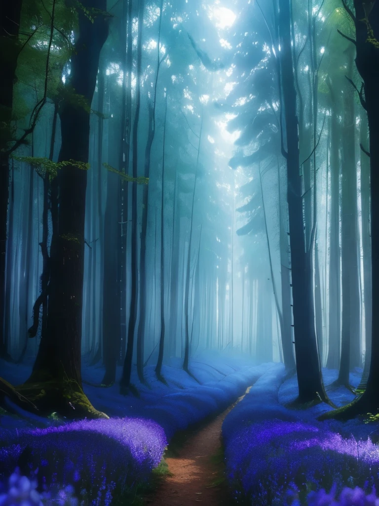 arafed forest with bluebells and trees in the morning, in serene forest setting, magical forest in the background, really beautiful forest, beautiful forest, beautiful misty wood, german forest, in beautiful woods, extremely beautiful and ethereal, peaceful lushious forest, serene forest setting, forest with flowers blue, magical forest, by Charmion von Wiegand, blue forest