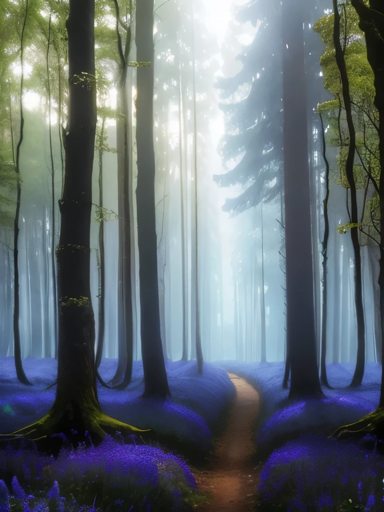 arafed forest with bluebells and trees in the morning, in serene forest setting, magical forest in the background, really beautiful forest, beautiful forest, beautiful misty wood, german forest, in beautiful woods, extremely beautiful and ethereal, peaceful lushious forest, serene forest setting, forest with flowers blue, magical forest, by Charmion von Wiegand, blue forest