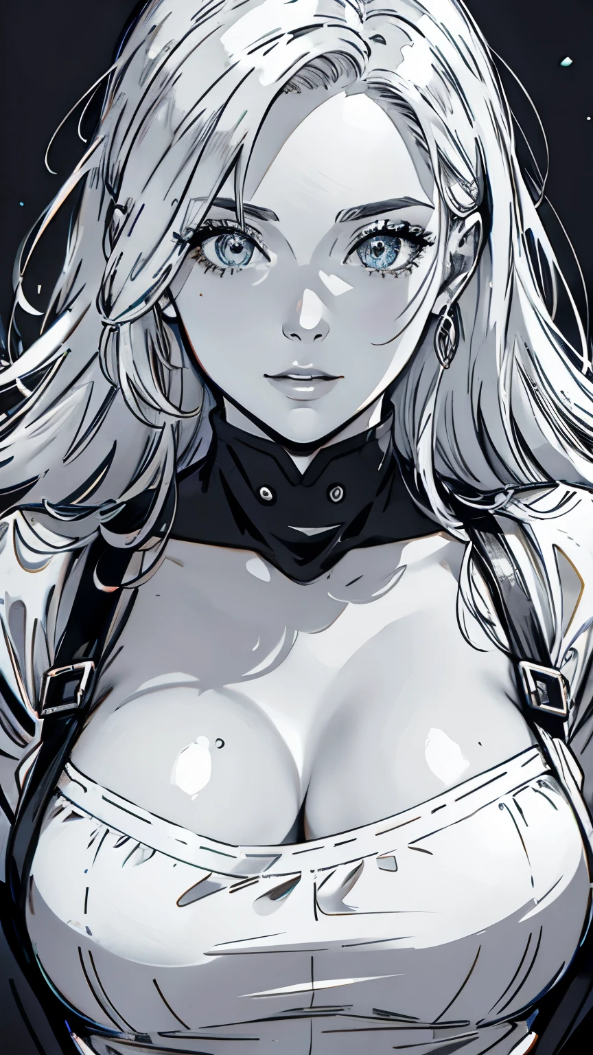 {8K images}, 1 female, 30 years old, Mature face and figure, Large white hair, Medium breasts, Wearing a knitted top and apron, {Face portrait}, {Image focuses on face and chest}, {Perfect anatomical structure}, Comic Line Drawing, Extremely detailed line art, {Comic splash page}, {Light reflected to the left}, monochrome