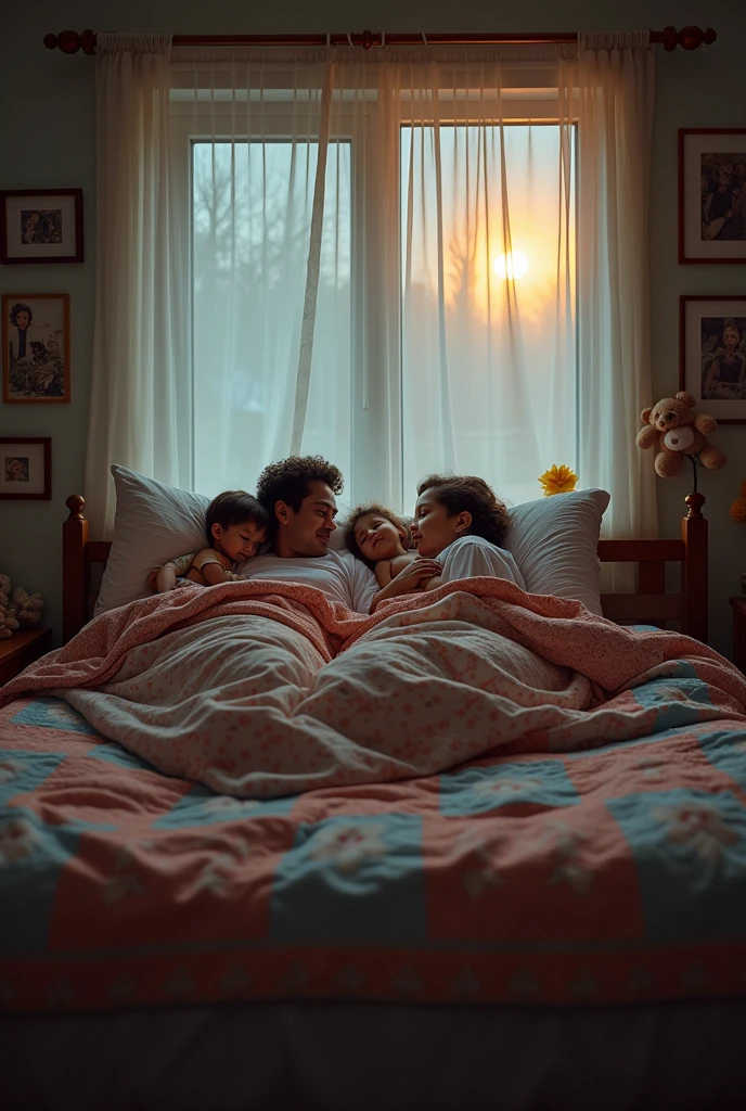 A family in bed facing away from each other sleeping