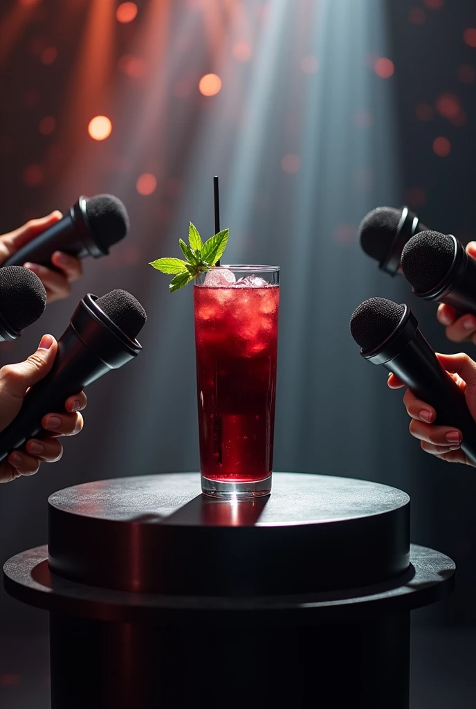Hin Smoothie drink black water ,microphones hands ,breaking new podium luxury studio light shadow