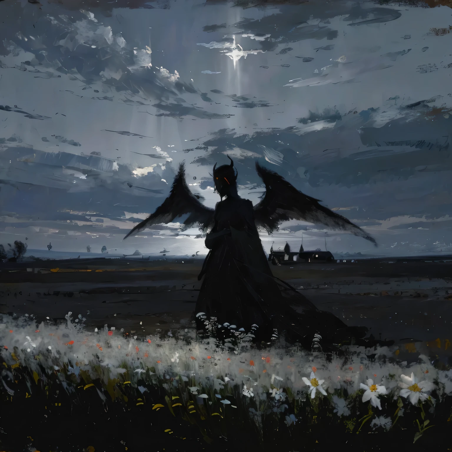 Create an image in dark, depicting a distant figure in white with long white wings in a field among flowers. The background should be dark and atmospheric, with low clouds and dim lighting. Pay attention to the details of the wings and overall composition to convey a sense of mysticism and dark beauty. (masterpiece, best quality, high quality, highres), dark, sun, winter, monster, field of grass,oil painting