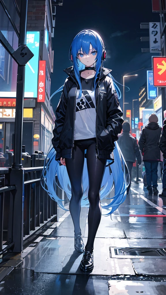 Create an anime girl that has long blue hair wearing a black jacket and behind the jacket she has a blue shirt that has headphones on her neck and appears in the city At night With a pose as if she were waiting for someone with her hands in her jacket pockets and her full body visible, she looks a little away from the camera But it's night time in the city with an atmosphere as if it had just finished raining.