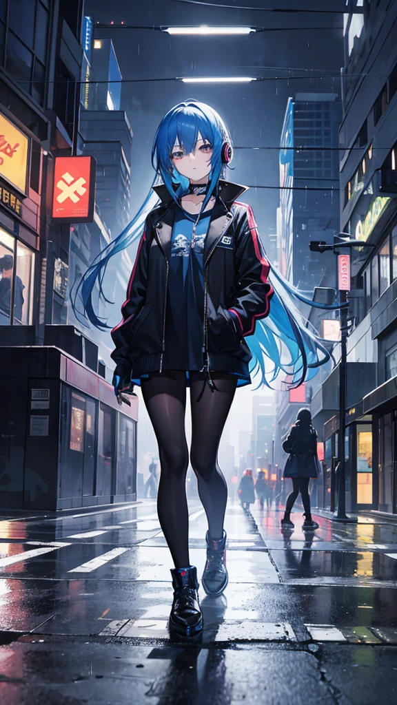 Create an anime girl that has long blue hair wearing a black jacket and behind the jacket she has a blue shirt that has headphones on her neck and appears in the city At night With a pose as if she were waiting for someone with her hands in her jacket pockets and her full body visible, she looks a little away from the camera But it's night time in the city with an atmosphere as if it had just finished raining.