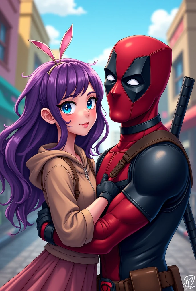 deadpool in love and in funny poses looking at the camera in comic style next to a girl with purple hair and blue eyes anime poster style deadpool in love and in funny poses looking at the camera in comic style next to a girl with purple hair and blue eyes anime poster style