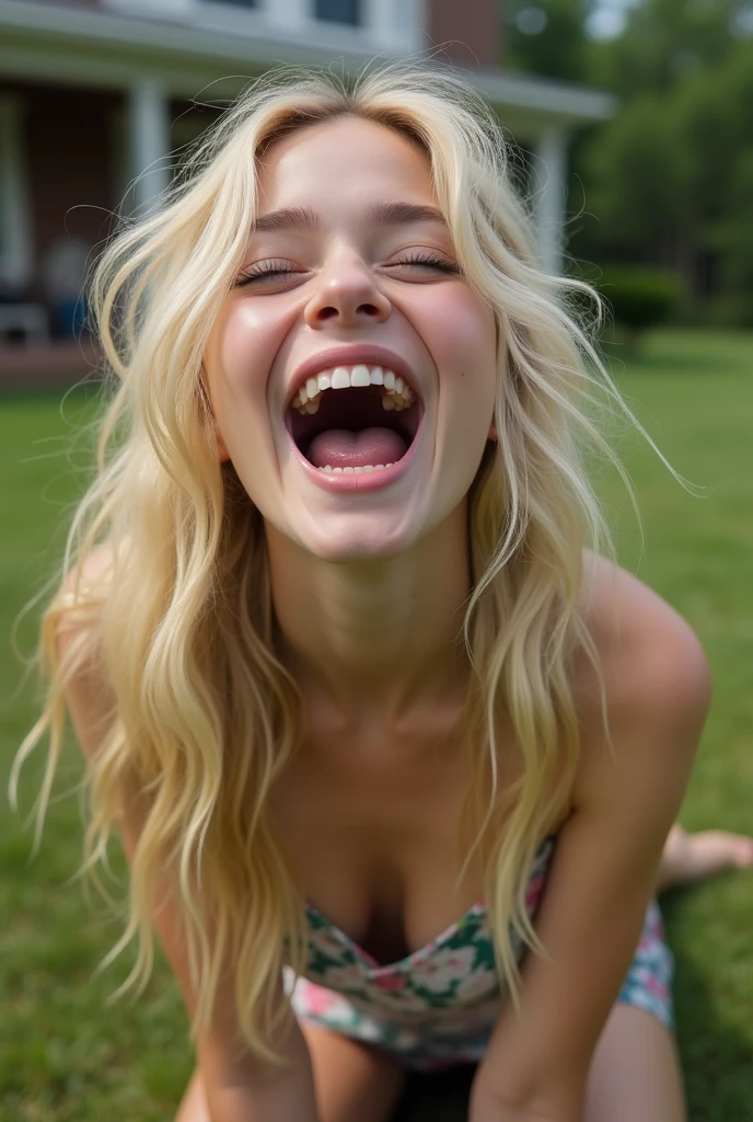 Closeup of a female young Elle Fanning's face, ((Elle Fanning)), 1girl, , mouth very wide open and smiling, eyes wide open in a crazed look, long blond messy hair, wearing floral sundress, extreme skin detail, ultra realistic, 8k, wallpaper, kneeling on grass in front of house, (viewed from above)