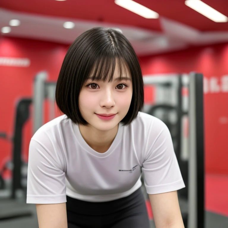 (kawaii 24 year-old Japanese girl, Nogizaka idol, Korean idol), healthy female athlete body, (glossy black hair, short hair, pixie cut, bangs:1.3), (rounded face, pure black eyes, single eyelid, no makeup, soft smile:1.2), (wearing training shirt, grey sports leggings:1.3), extra small breasts, well shaped hip, (slim waist, thigh gap:0.9), BREAK, (sports gym background:1.3), (looking at viewer, dynamic angle, close shot:1.2), BREAK, (masterpiece, best quality, photo realistic, official art:1.4), (UHD, 8K quality wallpaper, high resolution, raw photo, golden ratio:1.3), (shiny skin), professional lighting, physically based rendering, award winning, (highly detailed skin, extremely detailed face and eyes, anatomically correct body), Carl Zeiss 85 mm F/1.4, depth of field, 1girl, solo,