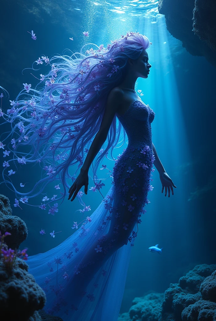 (masterpiece, best quality:1.2), (realistic), photorealistic, high quality, super detailed, 8K Ultra HD, beautiful and sexy Bioluminescent woman with a slim figure medium teardrop breasts, long hair, swimming, beautiful flowing Bioluminescent flowers forming a beautiful woman, full depth of field and realistic textures, underwater environment, ray of moonlight, cinematic lighting, vivid light, vibrant color