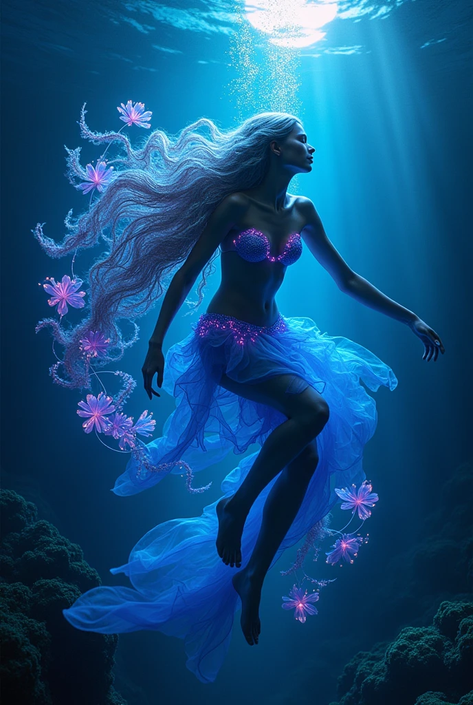 (masterpiece, best quality:1.2), (realistic), photorealistic, high quality, super detailed, 8K Ultra HD, beautiful and sexy Bioluminescent woman with a slim figure medium teardrop breasts, long hair, swimming, beautiful flowing Bioluminescent flowers forming a beautiful woman, full depth of field and realistic textures, underwater environment, ray of moonlight, cinematic lighting, vivid light, vibrant color