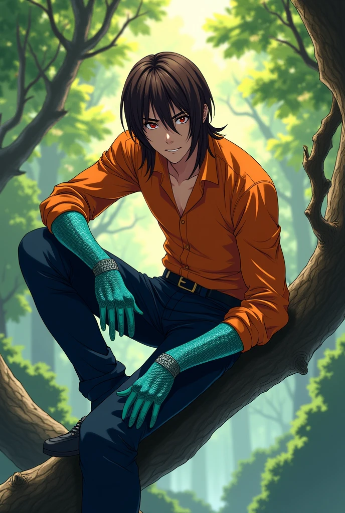 A , straight brown hair and snake-like eyes, is mounted on a tree branch, He is wearing an orange shirt and navy blue pants., He also wears navy blue gloves., but in the middle of the arms it has a turquoise snake scale. anime style. 