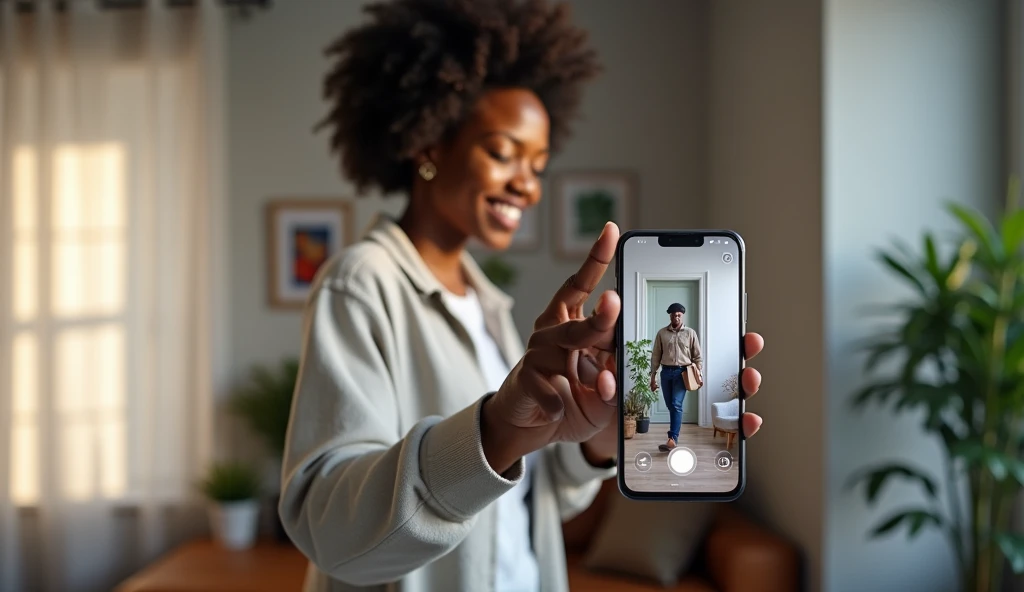Back woman, looking at your cell phone where an application is open that shows the view of a security camera where it is monitoring your home, where a delivery man is at your door ringing the bell. The background should be light gray.