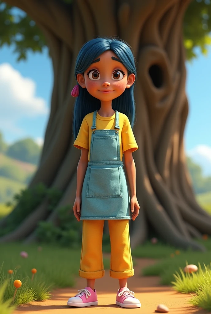 ((masterpiece, best quality)), award winning, 4k, 8k, 3d pixar animation character, visible face, SIDE VIEW,(one 25 YEAR OLD woman NAMED BRISA), portrait, beautiful, cute, yellow shirt, yellow pants, light long blue apron, pink sneakers, long plaid blue hair, light tan skin, brown eyes, ((Perfect Hands)), UHD, 8K, her pose is LOOKING DOWN SAD TALKING with a little latin girl pose, BACKGROUND IS: ((masterpiece, best quality)),3d illustration of countryside el salvador, a big, tall and wide amate tree behind with a big hole in its trunk)