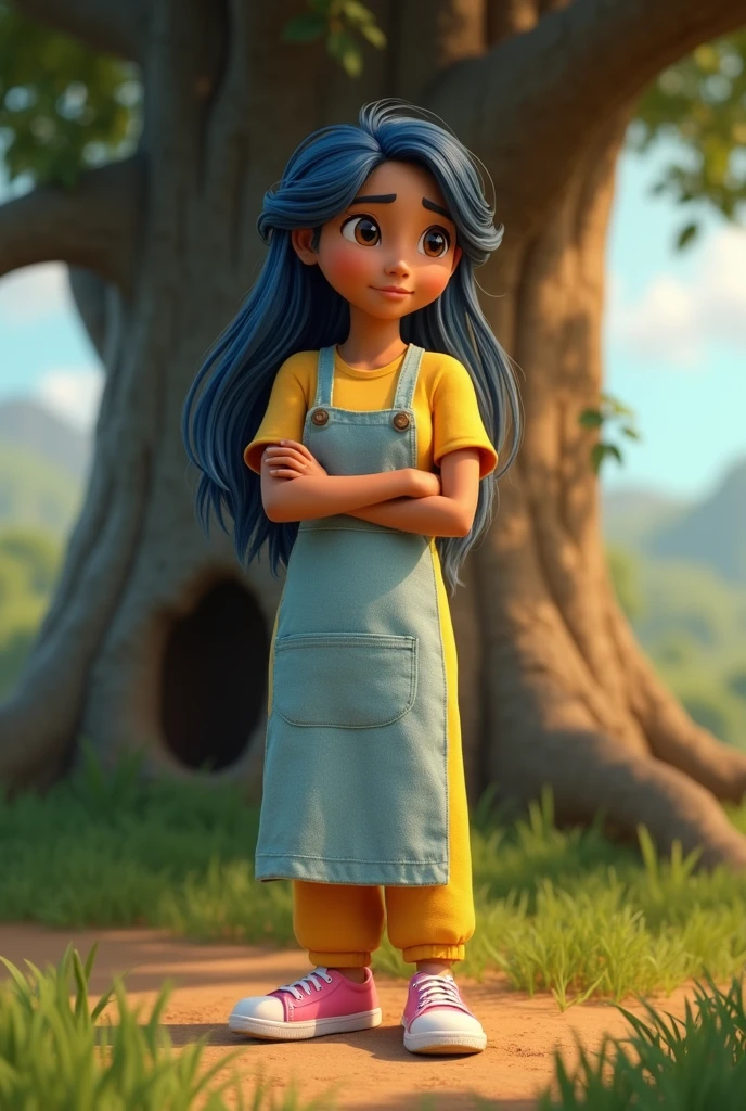 ((masterpiece, best quality)), award winning, 4k, 8k, 3d pixar animation character, visible face, SIDE VIEW,(one 25 YEAR OLD woman NAMED BRISA), portrait, beautiful, cute, yellow shirt, yellow pants, light long blue apron, pink sneakers, long plaid blue hair, light tan skin, brown eyes, ((Perfect Hands)), UHD, 8K, her pose is LOOKING DOWN SAD TALKING with a little latin girl pose, BACKGROUND IS: ((masterpiece, best quality)),3d illustration of countryside el salvador, a big, tall and wide amate tree behind with a big hole in its trunk)