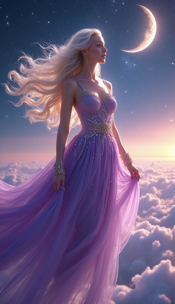 A curvaceous Amethyst crystal goddess with golden silver hair and porcelain white skin soars through the galaxy, bathed in soft, ethereal light under a star-studded, crescent moonlit sky, her flowing, intricate, hyper-maximalist, ornate outfit a kaleidoscope of colors with fractal, filigree details, reminiscent of Asaf Hanuka's vibrant, cinematic style, with a mix of isometric 3D, street art, pop art, and mosaic elements, blending seamlessly with oil painting textures, amidst an abstract, sci-fi, artdigitalillustrative backdrop, with bold, sharp focus, warm lighting, and an ultra-surreal, 3D quality, evoking the stylized, luxurious, elite digital art of Firecore, David Nordahl, Anna Sui, and Koitsukihime, while hinting at the magical, celestial motif of vintage-inspired pin-ups, American propaganda, and sgrafitto techniques, a true masterpiece of ultrarealistic, 64K, 3D, character design and hyper-realistic, photographic style, with a touch of whimsical, coloured pencil flair, and the haunting, matte painted quality of a cinematic, Unreal Engine generated vista, a miracle of digital art.