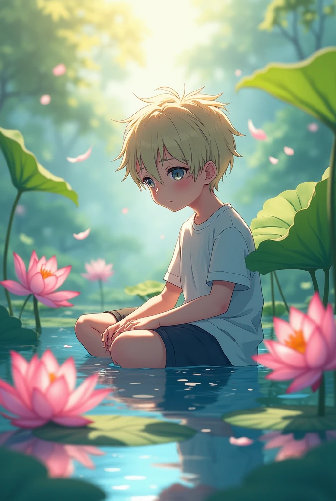 Anime boy in lotus flower pond aesthetic look realistic version 