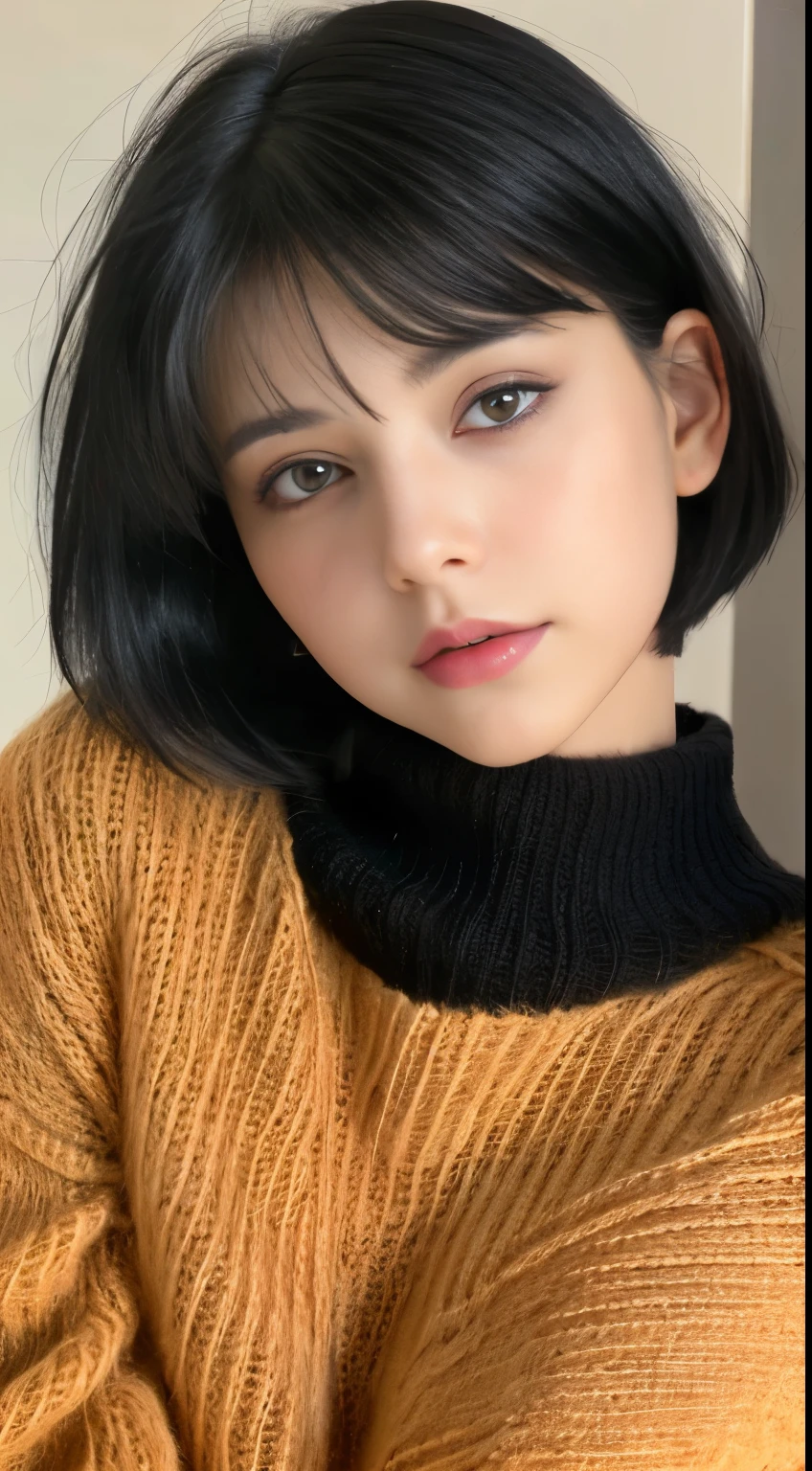 (masterpiece:1.3), (8K, Reality, RAW photos, best quality: 1.4), (1 Girl), Pretty Face, (Realistic face), (Black Hair, short hair:1.3), Beautiful hairstyle, Realistic eyes, Beautiful and delicate eyes, (Realistic skin), Beautiful Skin, (sweater), , attractive, Ultra-high resolution, 超照片Reality, Very detailed, Golden Ratio