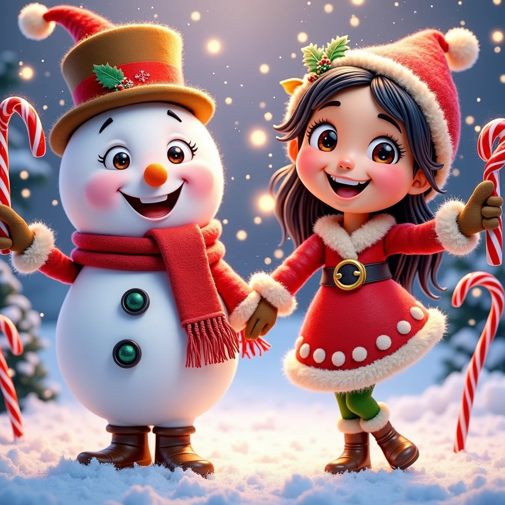 Santa Claus with his chubby wife black hair candy canes snowman snowflakes