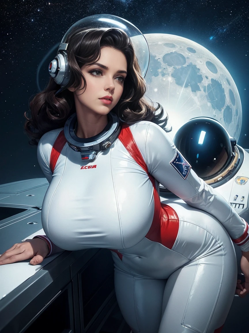 Gorgeous and sultry busty athletic (thin) brunette astronaut with sharp facial features wearing victory curls, white space suit, space helmet, spacesuit, bodysuit, ray gun, jetpack, spaceship, 1960's, space, lunar surface, moon, earth rise, Earthrise, space, stars