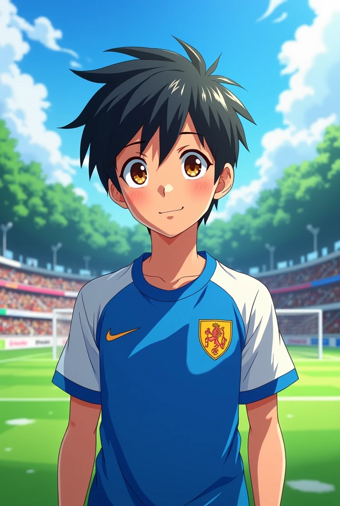 ((1 chico)), anime, blue and white soccer shirt, clear skin, black hair, Brown eyes, age 15 to 17 years