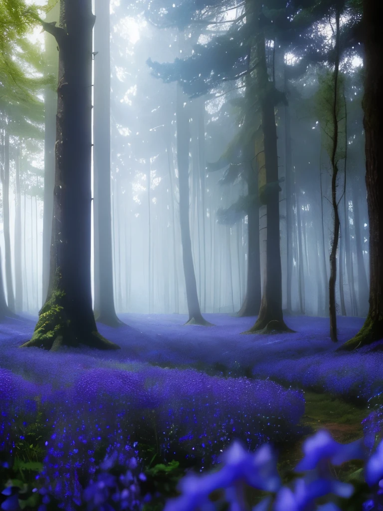 arafed forest with bluebells and trees in the morning, in serene forest setting, magical forest in the background, really beautiful forest, beautiful forest, beautiful misty wood, german forest, in beautiful woods, extremely beautiful and ethereal, peaceful lushious forest, serene forest setting, forest with flowers blue, magical forest, by Charmion von Wiegand, blue forest