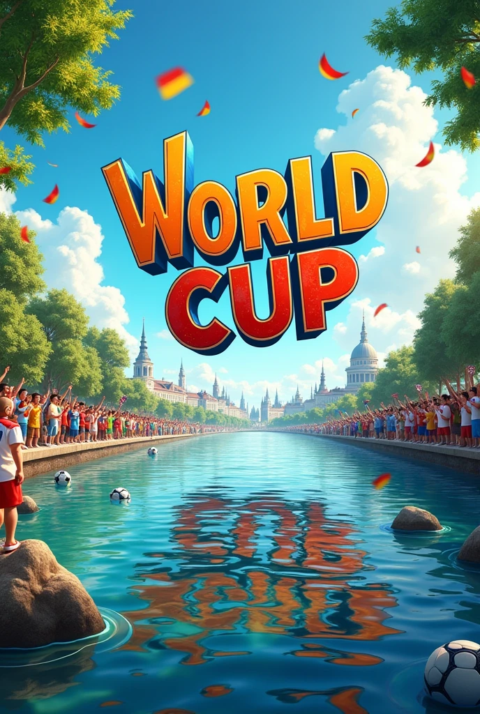 Poster advertising the word “World Cup” by the river
