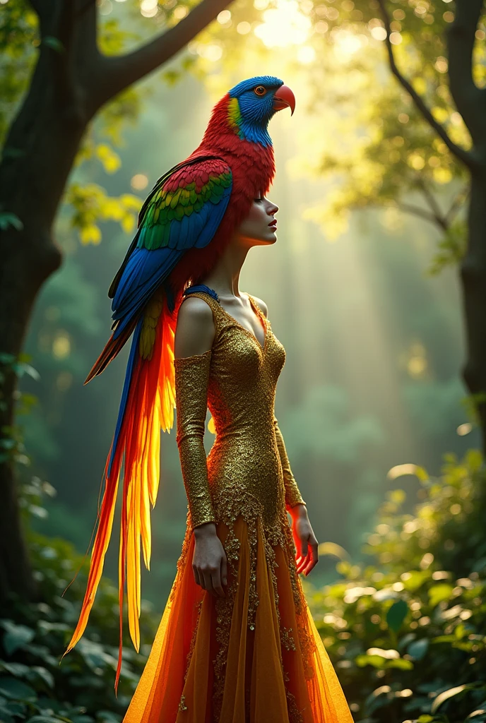 A bird with feathers of different colors sings on a golden tree in the middle of the forest. As the bird sings, its feathers change color, and it transforms into a beautiful woman.