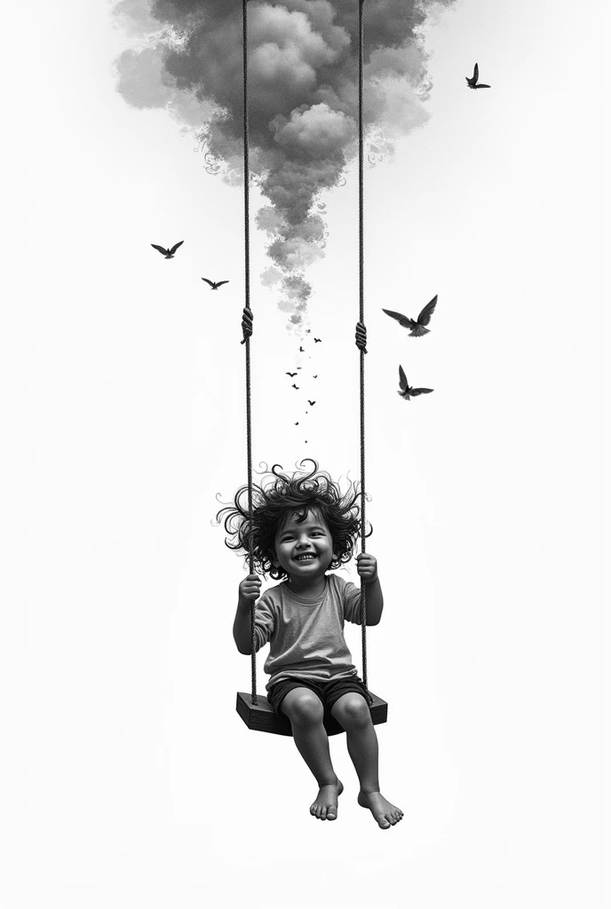 Create a black and white tattoo of a CHILD swinging on a canvas