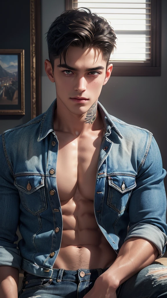 a muscular handsome man, detailed face, perfect facial features, smooth skin, sexy expression, short black hair, looking at the viewers romantically, sexy gaze, large chest, denim jacket, jeans, tattooed chest, opening his jacket to let us look at his body, (best quality,4k,8k,highres,masterpiece:1.2),ultra-detailed,(realistic,photorealistic,photo-realistic:1.37),HDR,UHD,studio lighting,ultra-fine painting,sharp focus,physically-based rendering,extreme detail description,professional,vivid colors,bokeh,portrait