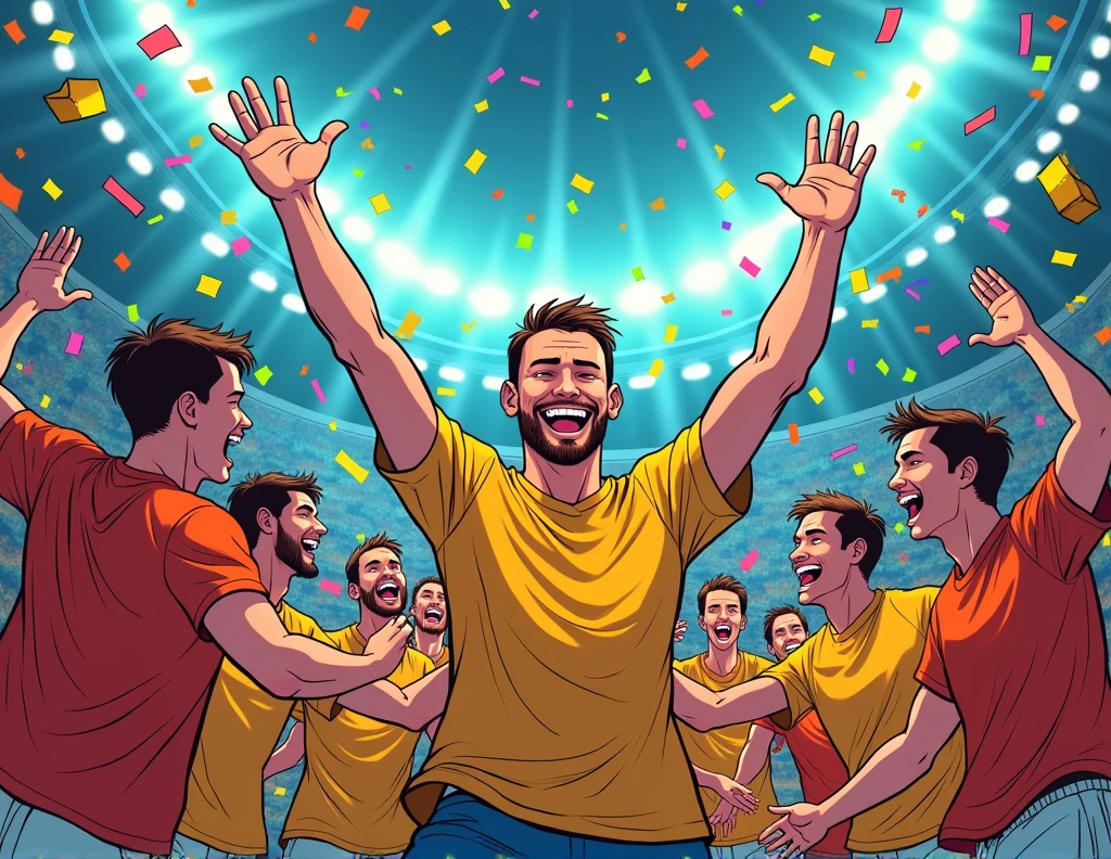 "The team celebrates the great moment on the pitch. All the excited players are hugging each other and raising their arms in triumph.. Smith (#1) is at the center of the celebration, with a big smile on his face. The animation highlights confetti and light effects to accentuate the team's joy. The scoreboard shows the first goal in favor of COAR." COMIC FORMAT ON A FUTSAL FIELD