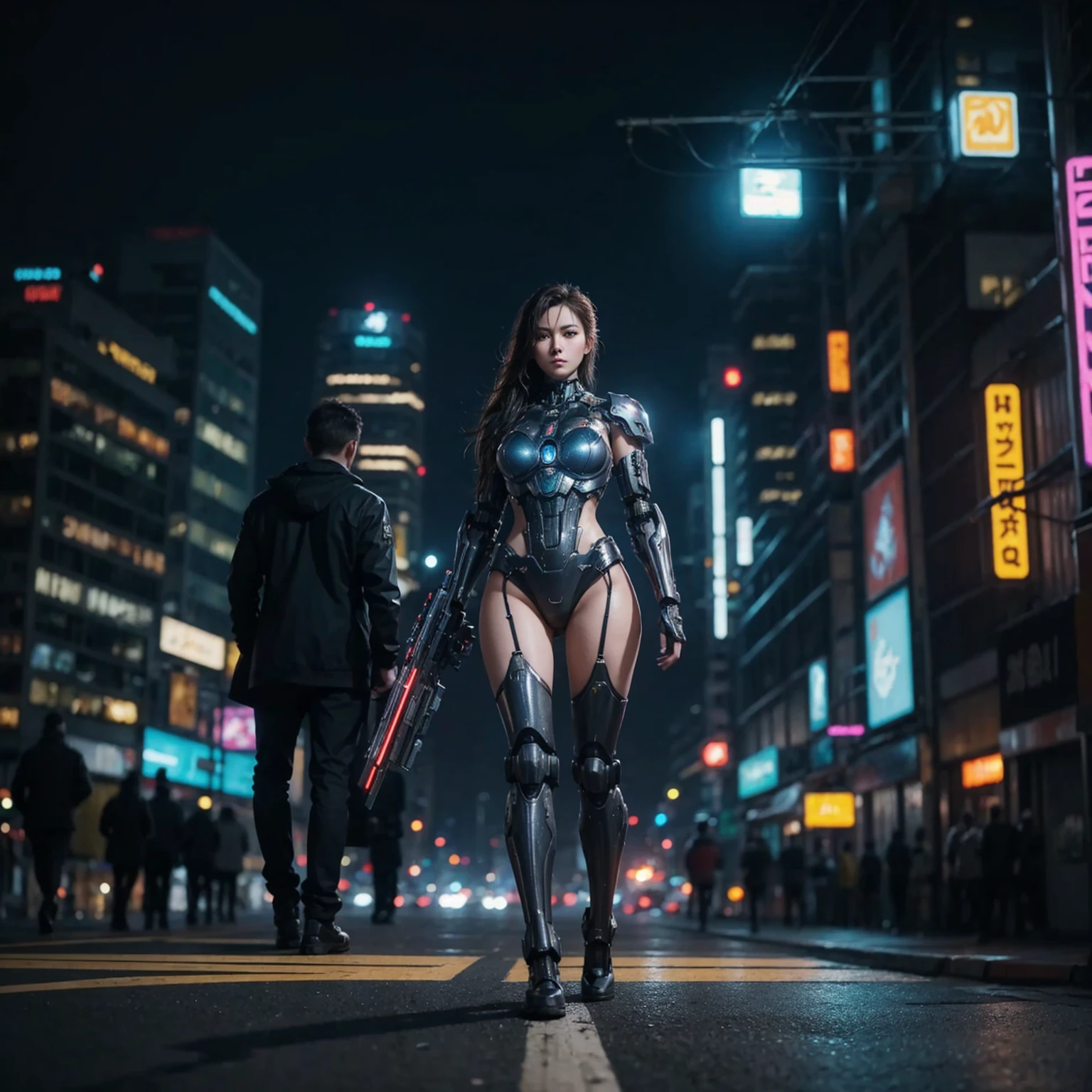 High quality photography at night, hyper realistic, Full body woman dressed as mecha, Blurred background of a cyberpunk city, extreme detail.