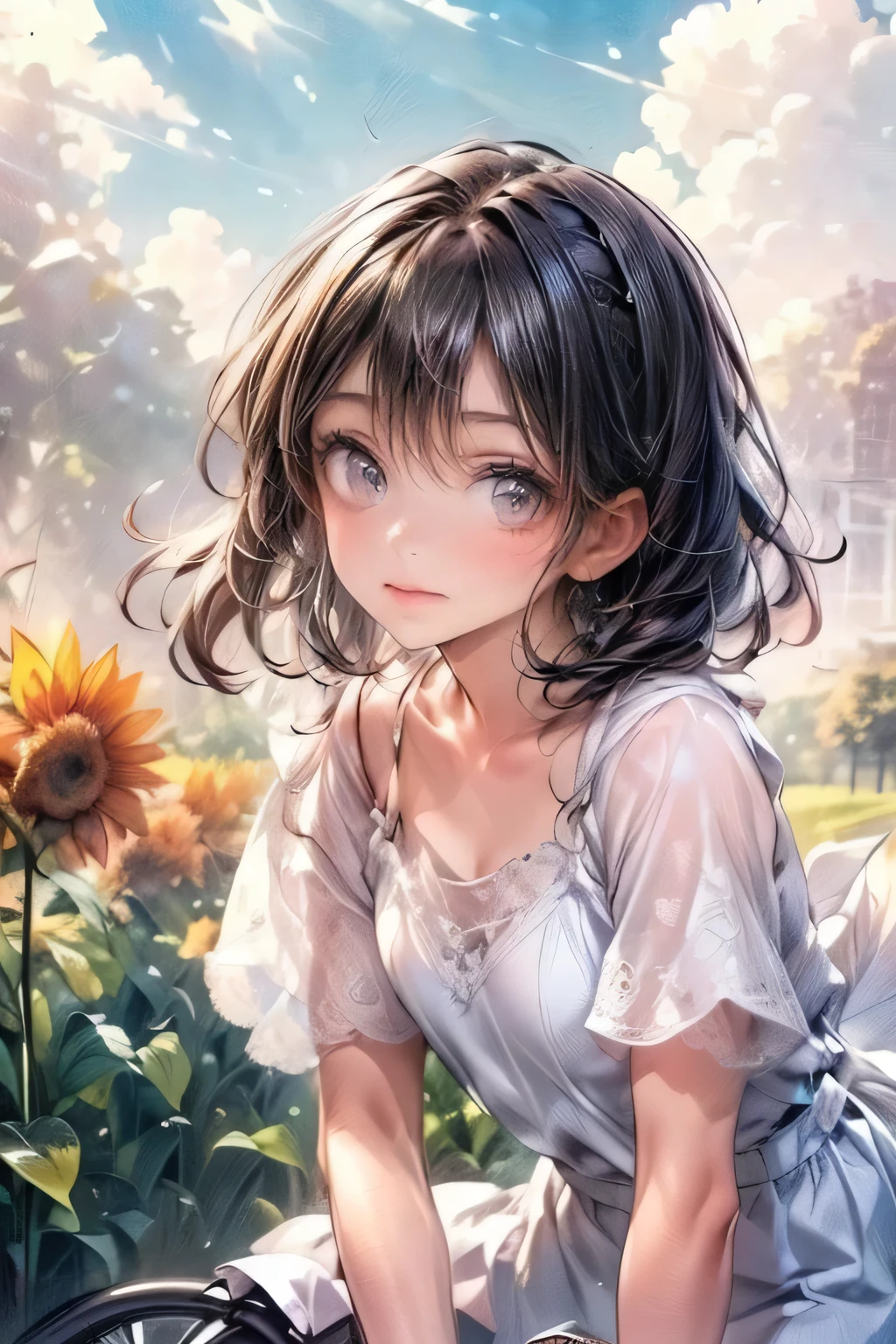 a pretty girl in white dress at the edge of a bicycle path, 1girl, bicycle, solo, dress, smile, ground vehicle, looking at viewer, blush, outdoors, white dress, collarbone, bare shoulders, bangs, bare arms, sleeveless, brown eyes,