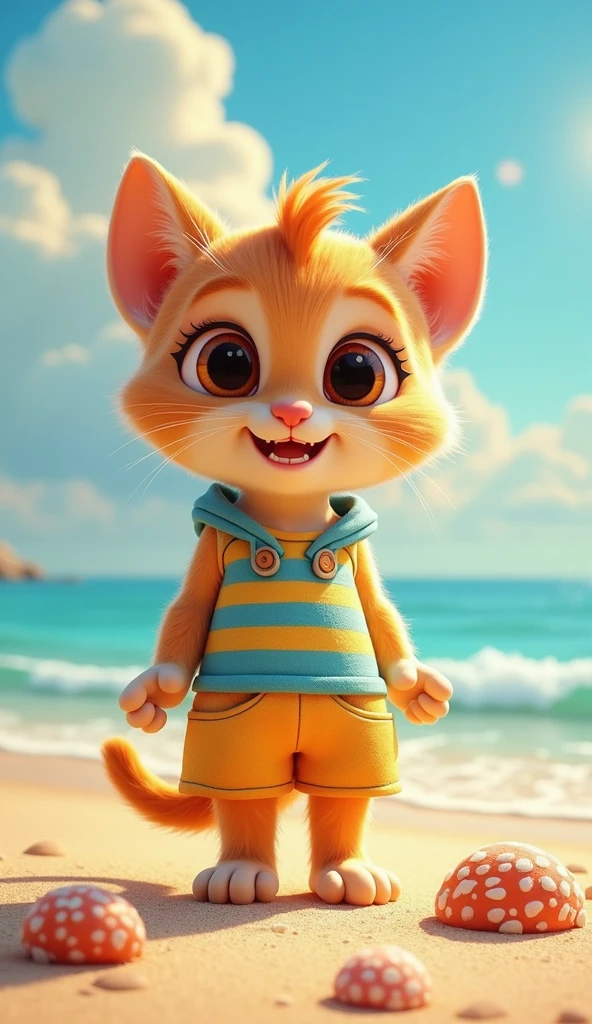 Perfect centering, Looking at the camera, a close up 2/3 of a cartoon of boy kitten wearing a casual dress, 3 d animation demo reel, 3d animation, 3 d animation, 3 d animated movie, 3d animated, 3 d animated, tv commercial, clay animation, cgi animation, cute! c4d, cute 3 d render, pixar 3 d animation style, by the beach 4 k, 3 d cartoon