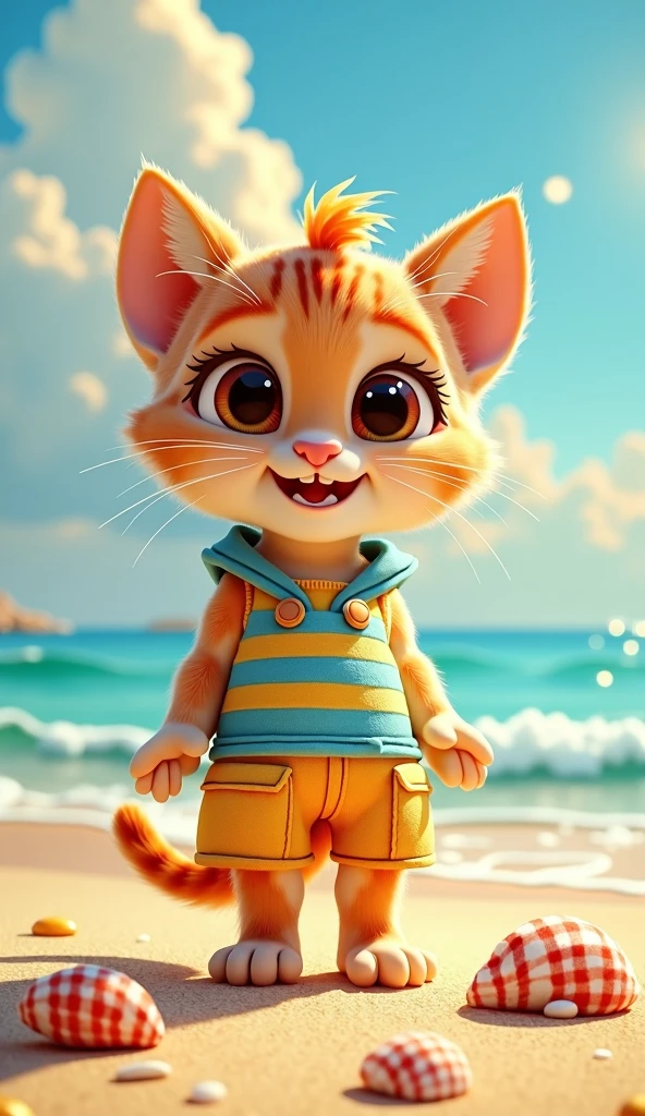 Perfect centering, Looking at the camera, a close up 2/3 of a cartoon of boy kitten wearing a casual  dress, 3 d animation demo reel, 3d animation, 3 d animation, 3 d animated movie, 3d animated, 3 d animated, tv commercial, clay animation, cgi animation, cute! c4d, cute 3 d render, pixar 3 d animation style, by the beach 4 k, 3 d cartoon