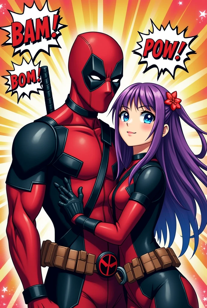 Deadpool in love and in funny poses looking at the camera in comic style next to a girl with purple hair and blue eyes in anime and comic poster style