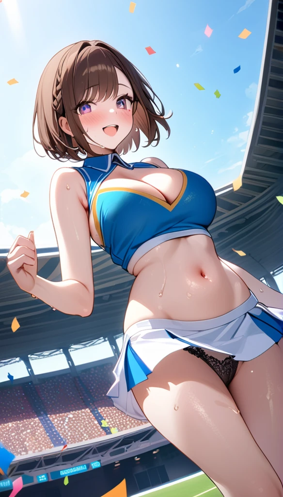 (1 person),(Best image quality, 8k, masterpiece:1.3), Anatomically correct, ((Brown hair bob cut:1.1)),(Swept-apart bangs,), (Cute eyes, Dark Eyes), (Mole under right eye), (thin), (Large Breasts),(Glowing Skin:1.1),(Pale skin:1.2),(Fantasyな雰囲気),(look up),Ultra-high resolution, Textured skin, Sparkle Effect, audienceを見つめる,Fantasy,Big glitter eyes,
Lace panties,Cheerleader,Braid, ribbon, Wet body,Sweat,
Blue Cheer Uniform,mini skirt,pom-pom,Confetti,Outdoor,Stadium,audience,Underarm、Raise your hand,belly button,Cleavage,
Low Angle, Y-shaped splits,Accentuate the crotch,Show your pants,
smile,