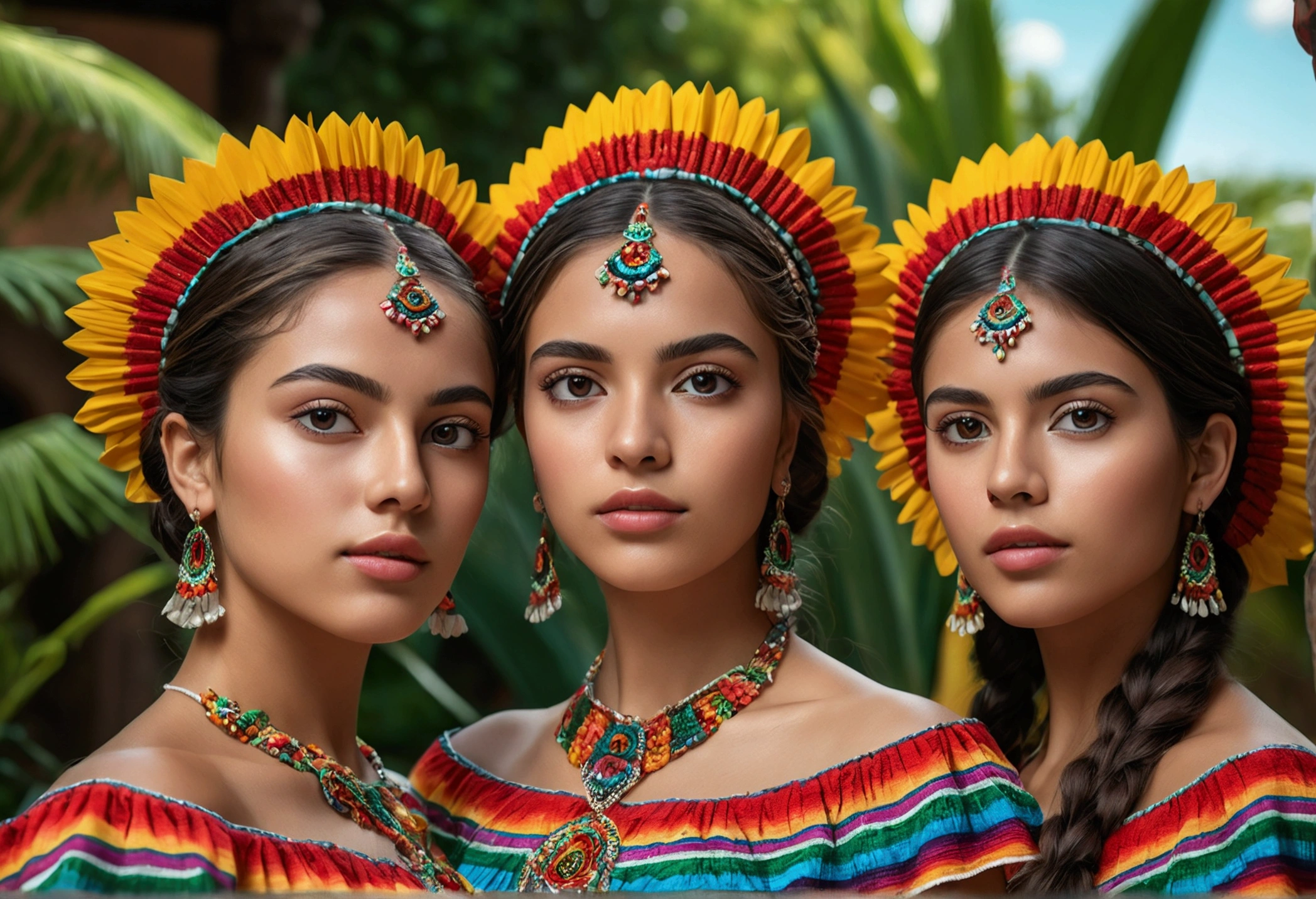 4 beautiful mexico girls, beautiful detailed eyes, beautiful detailed lips, extremely detailed eyes and face, long eyelashes, athletic athletic bodies, colorful traditional mexico dresses, tropical garden background, (best quality,4k,8k,highres,masterpiece:1.2),ultra-detailed,(realistic,photorealistic,photo-realistic:1.37),vibrant colors,natural lighting,cinematic composition,intricate details,highly detailed facial features