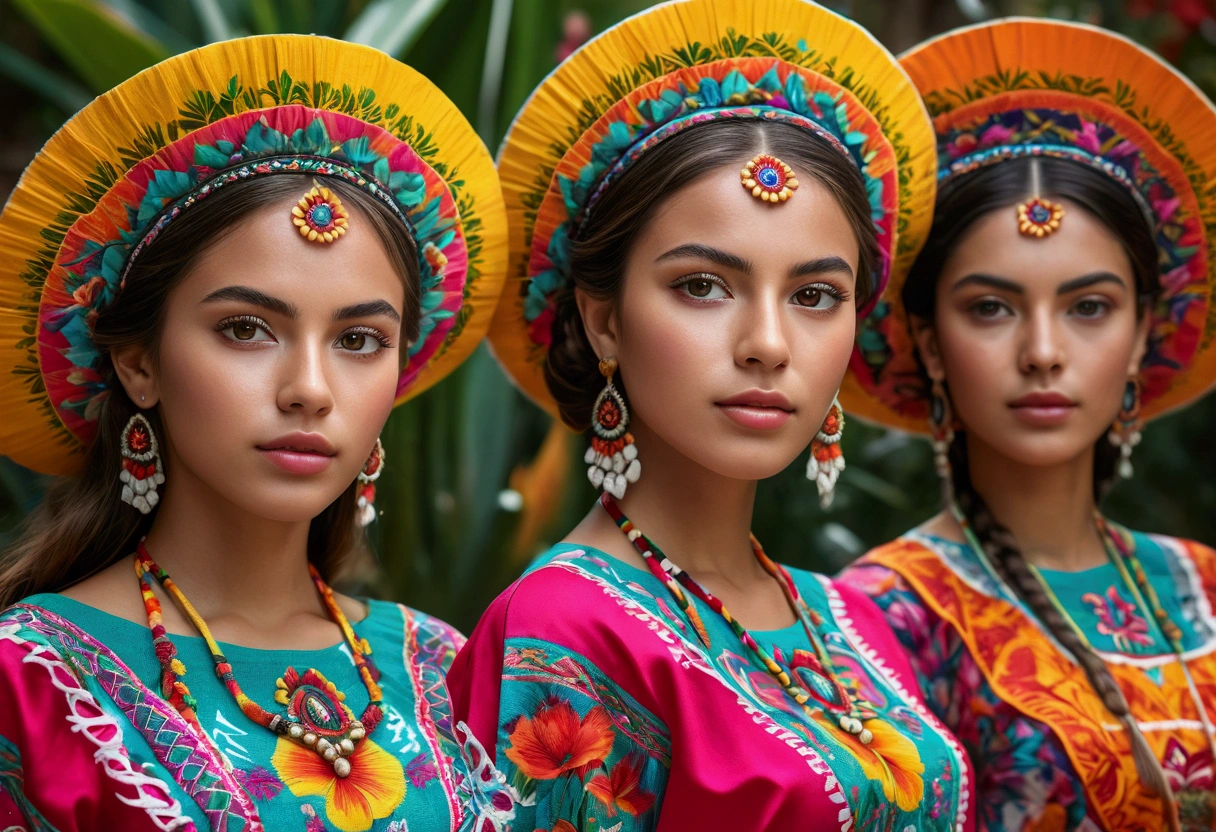 4 beautiful mexico girls, beautiful detailed eyes, beautiful detailed lips, extremely detailed eyes and face, long eyelashes, athletic athletic bodies, colorful traditional mexico dresses, tropical garden background, (best quality,4k,8k,highres,masterpiece:1.2),ultra-detailed,(realistic,photorealistic,photo-realistic:1.37),vibrant colors,natural lighting,cinematic composition,intricate details,highly detailed facial features