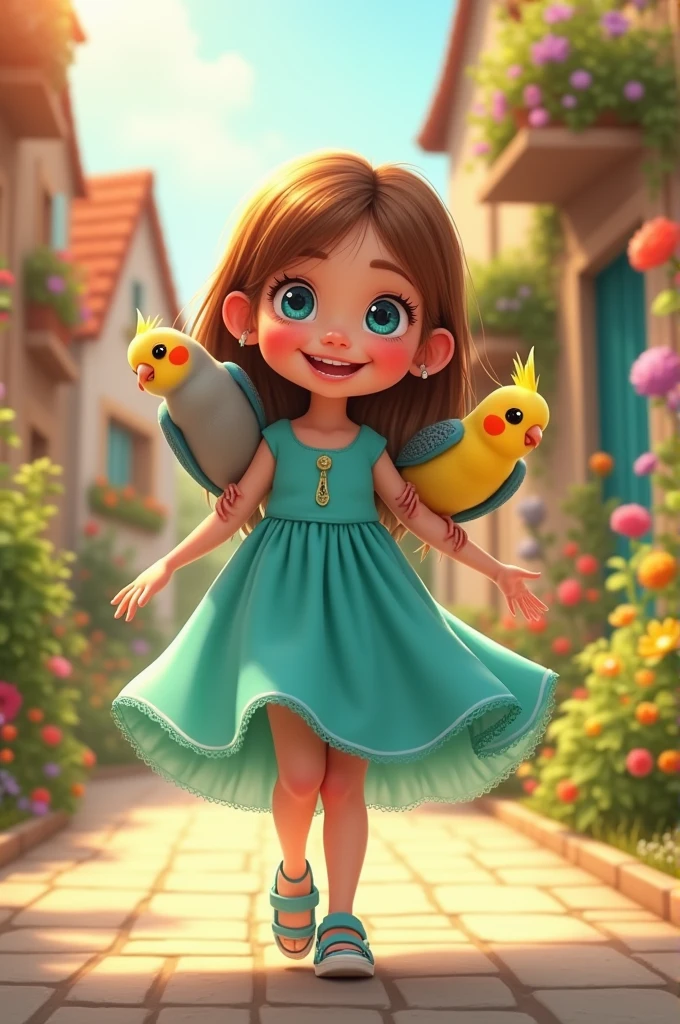 A  with straight brown hair and blue eyes walking in the neighborhood with two cockatiels and a cyan dress 