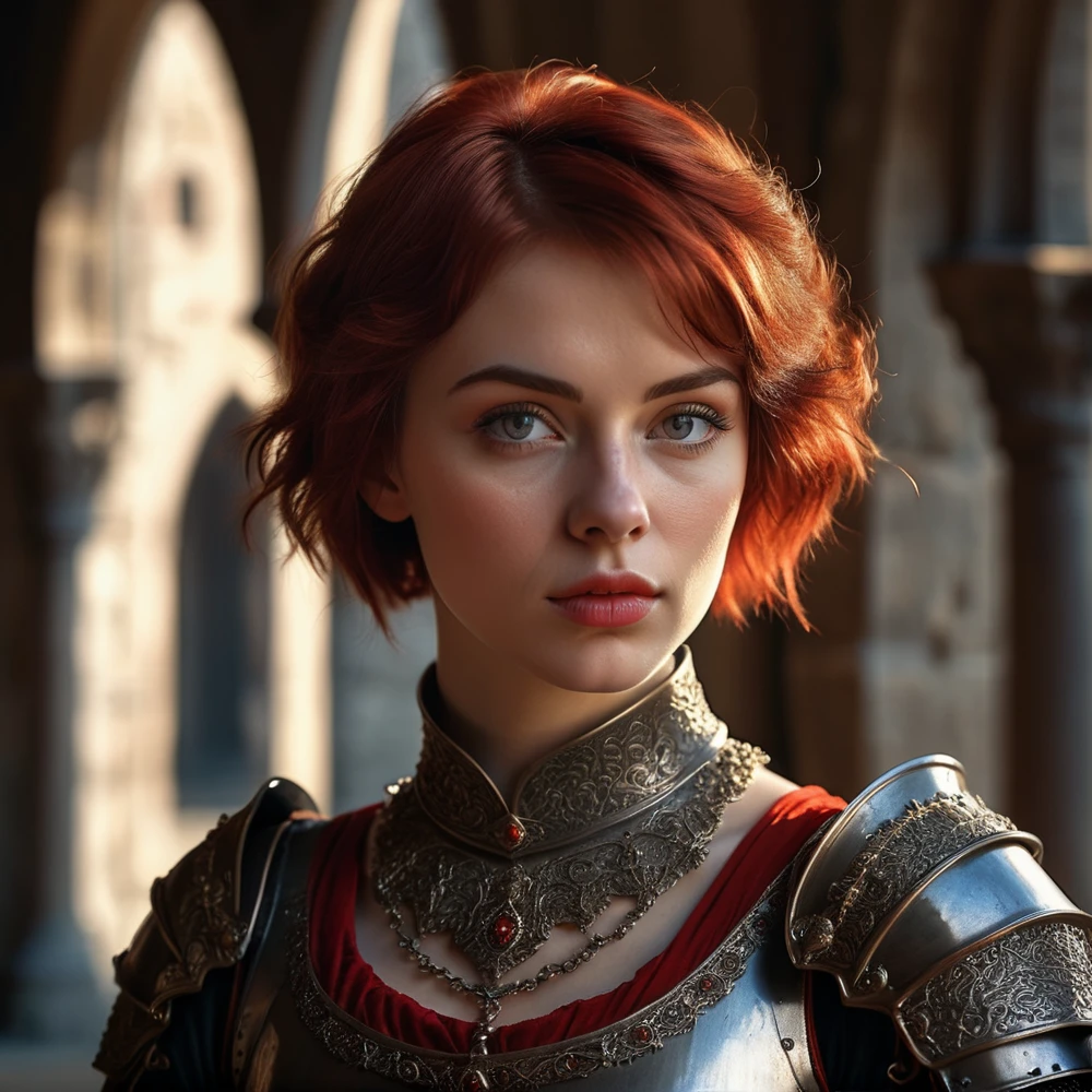 a woman with short red medieval-style haircut, beautiful detailed eyes, beautiful detailed lips, extremely detailed face, long eyelashes, medieval princess, ornate medieval armor, medieval castle, renaissance, dramatic lighting, dramatic colors, intricate details, cinematic angle, (best quality,4k,8k,highres,masterpiece:1.2),ultra-detailed,(realistic,photorealistic,photo-realistic:1.37),vibrant colors,chiaroscuro,dramatic shadows