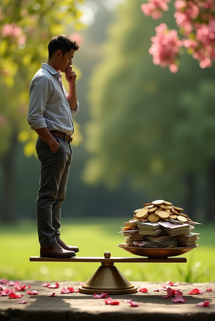  A scale with a person on one side and a pile of money on the other, showing the maximization of individual well-being.
