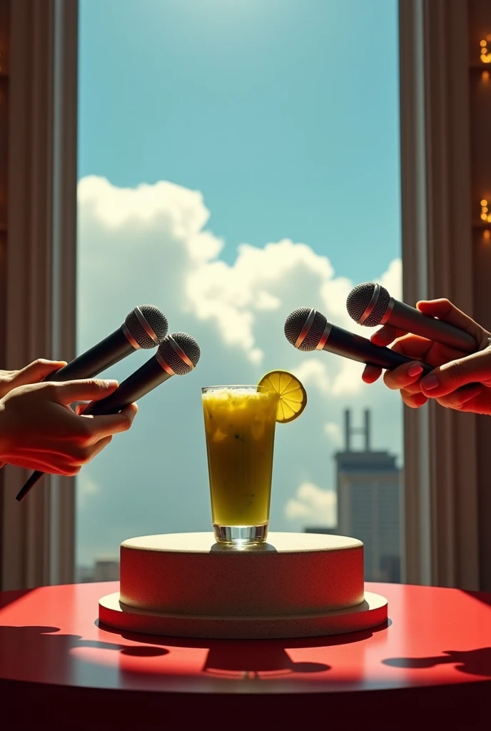 Hin Smoothie drink ,microphones hands ,breaking new podium luxury studio light shadow , cloud