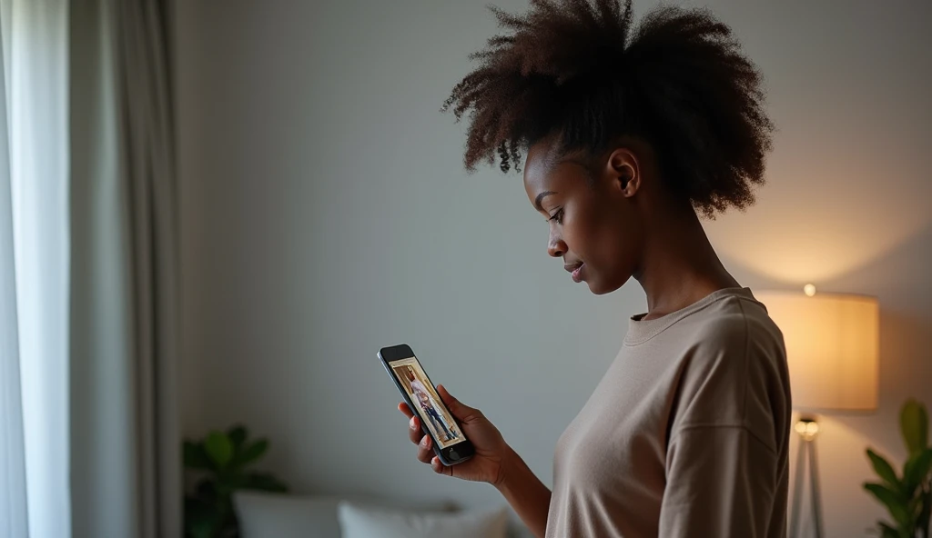 Back woman, looking at your cell phone where an application is open that shows the view of a security camera where it is monitoring your home, where a delivery man is at your door ringing the bell. The background should be light gray.