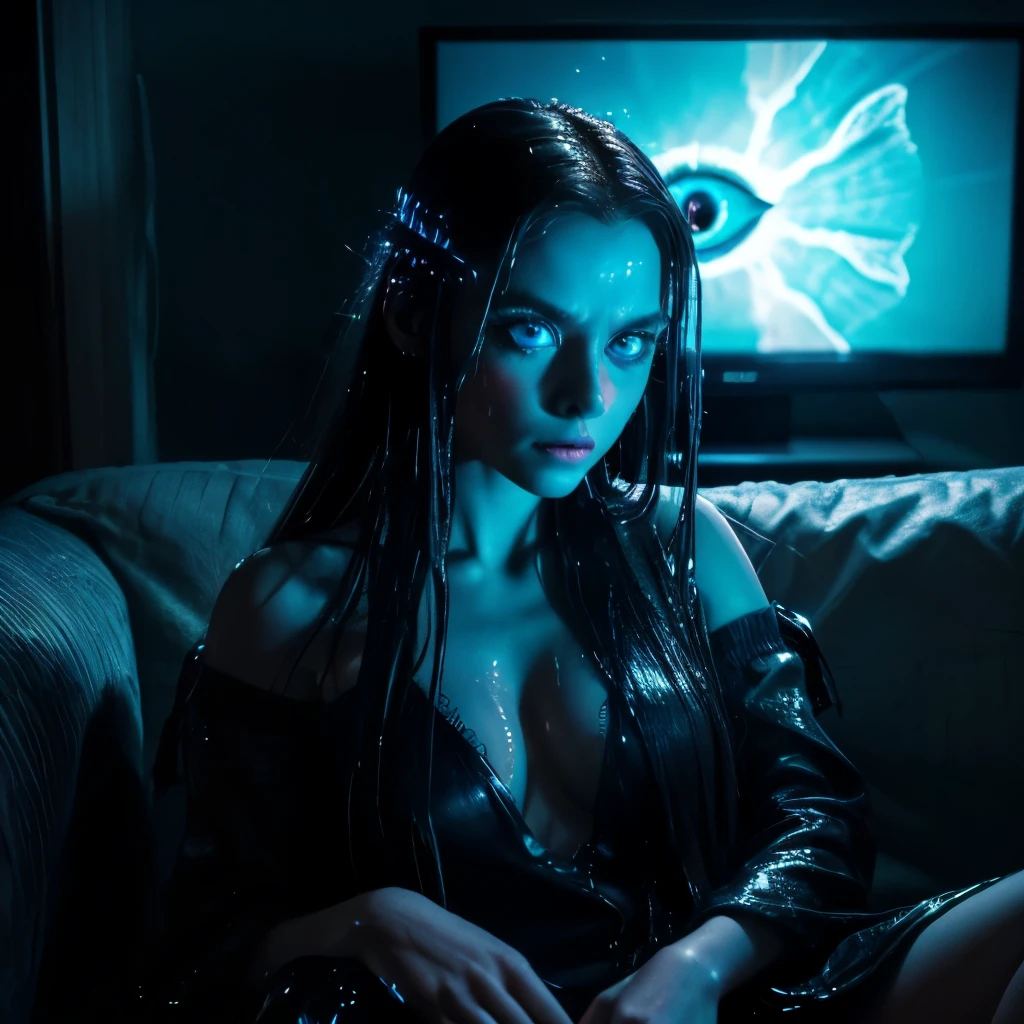 (embedding: cute) Sitting on the couch with glowing, wet and sticky scales, ((long hair)|(claws)), a cute face with frightened ((big eyes)|(blue eyes)) and cute lips under the dark glow of the TV, surrounded by comfy pillows and the (subtle)|(intense) smell of the room.