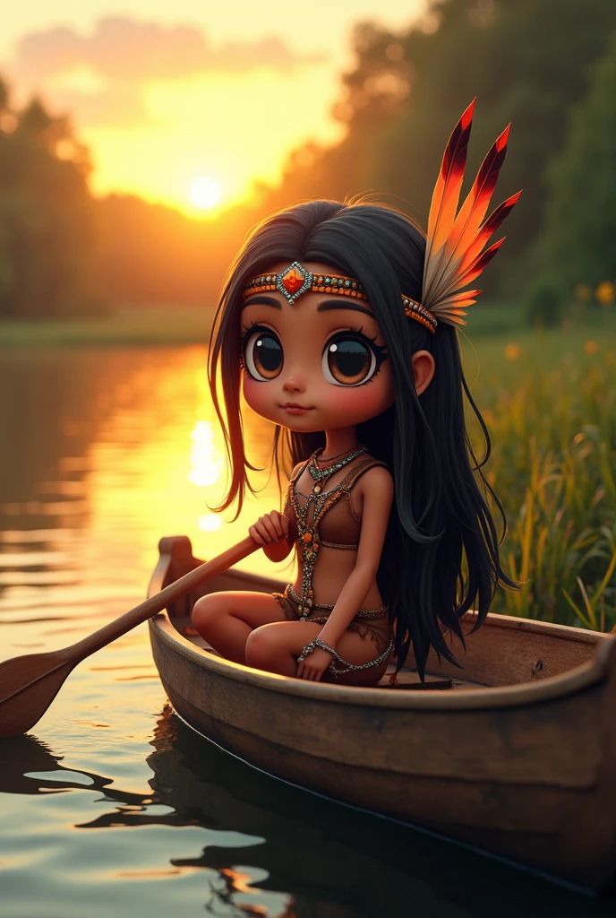 a cinematic photo of a chibi like female native american warrior sitting in a canoe