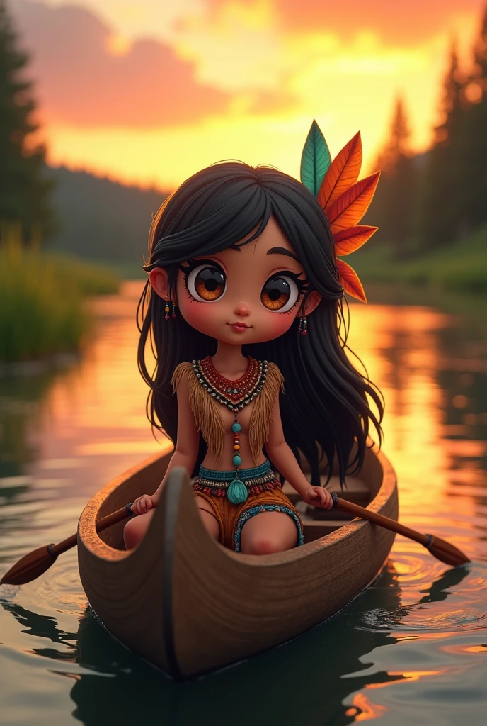 a cinematic photo of a chibi like female native american warrior sitting in a canoe