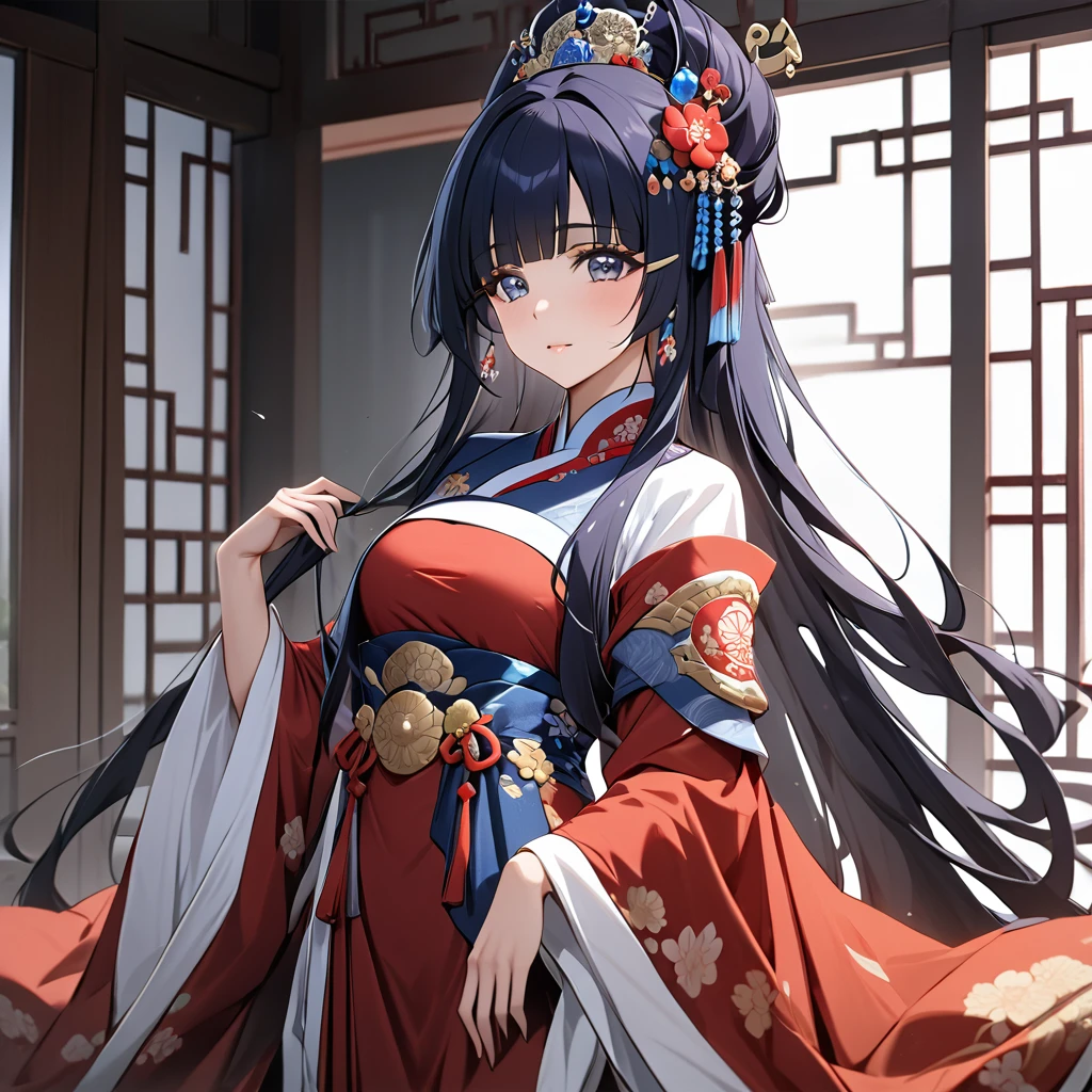 ((Highest quality)), ((masterpiece)), (detailed), (Perfect Face)、The woman is Aoki Reika, with midnight blue, medium-long hair, wearing the gorgeous red costume of an ancient Chinese empress and a gorgeous hair ornament.