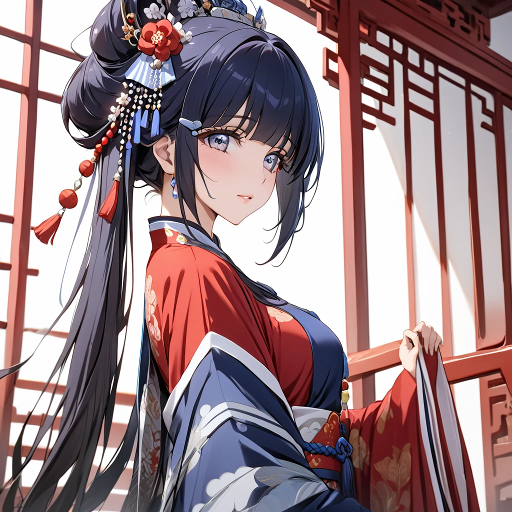 ((Highest quality)), ((masterpiece)), (detailed), （Perfect Face）、The woman is Aoki Reika, with midnight blue, medium-long hair, wearing the gorgeous red costume of an ancient Chinese empress and a gorgeous hair ornament.