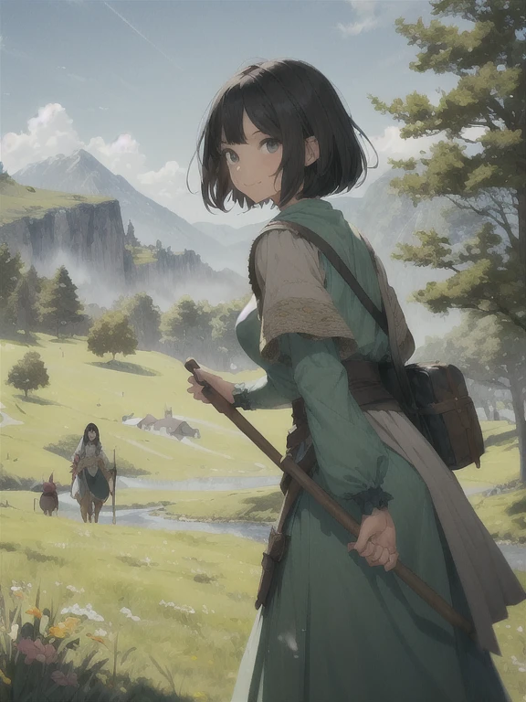 A beautiful village girl with a gentle smile with hazel eyes, short black hair, in medieval times, holding a wooden staffIn a green meadow stands a girl leading a group of knights.
BREAK
With a brave expression, she guides them towards their destination.
BREAK
Behind her, a green forest stretches out and beyond that, mountains rise in the distance.
BREAK
The most suitable effect for this scene would be a watercolor painting technique to capture the softness of the meadow and the fluidity of the movement.