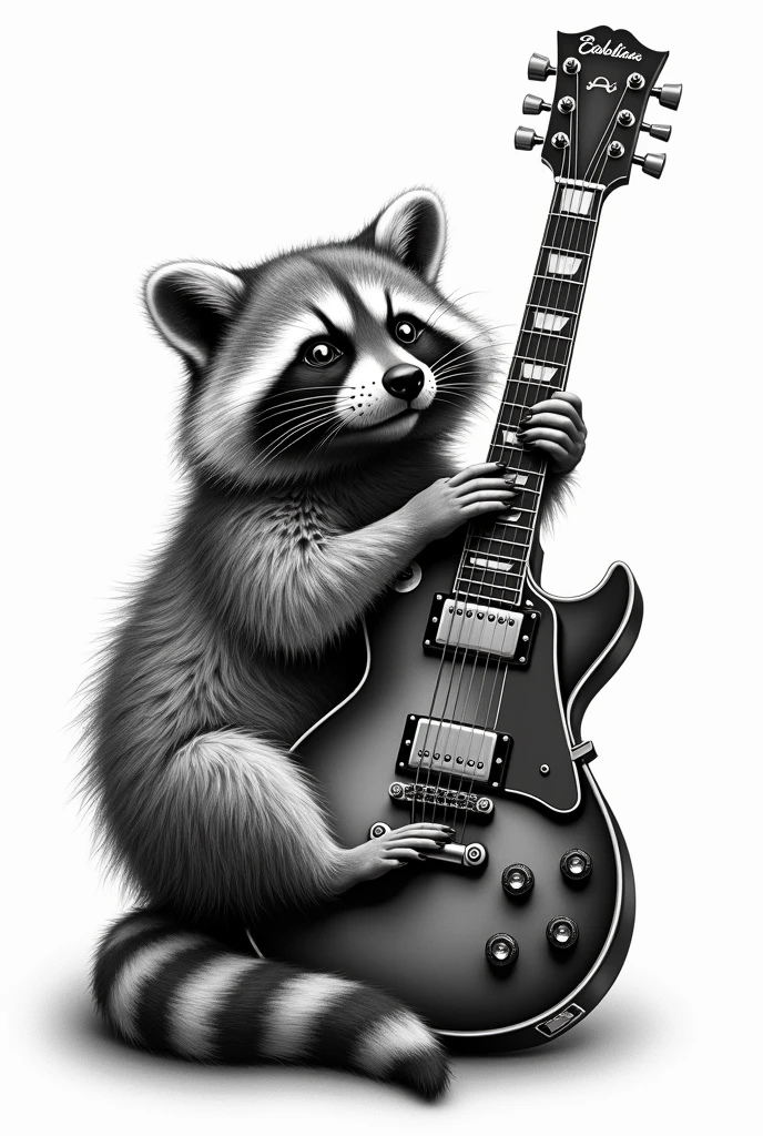 Create a tattoo of a raccoon with an electric guitar, that is realistic and in black and white, sin color. That it is not humanoid and only with black and white